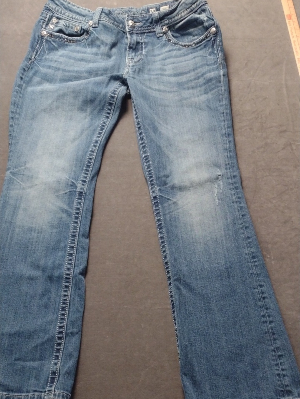 Miss Me 32/31 Bootcut Flared Embellished Jeans with Subtle Distressing